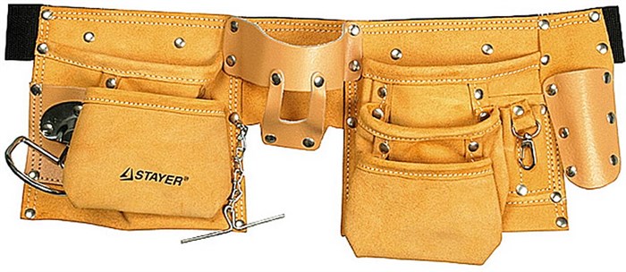 STAYER кожаный, 3 подвески, пояс для инструментов с 10 карманами(38512) - фото 515560