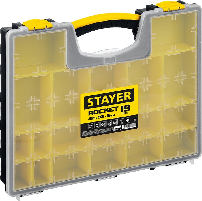STAYER ROCKET-19, 420 x 330 x 50 мм, (16.5″), пластиковый органайзер с 19 съемными лотками (2-38032) - фото 515621