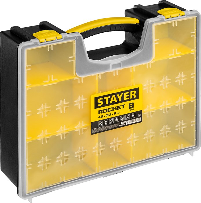 STAYER ROCKET-8, 420 х 330 х 110 мм, (16.5″), пластиковый органайзер с 8 съемными лотками (38033-16) - фото 515802