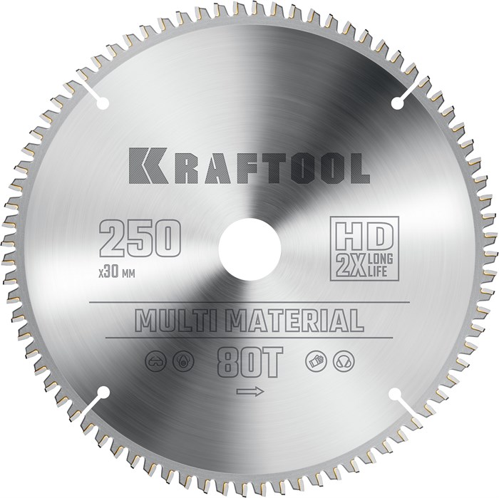 KRAFTOOL Multi Material, 250 х 30 мм, 80Т, пильный диск по алюминию (36953-250-30) 21515117 - фото 676705