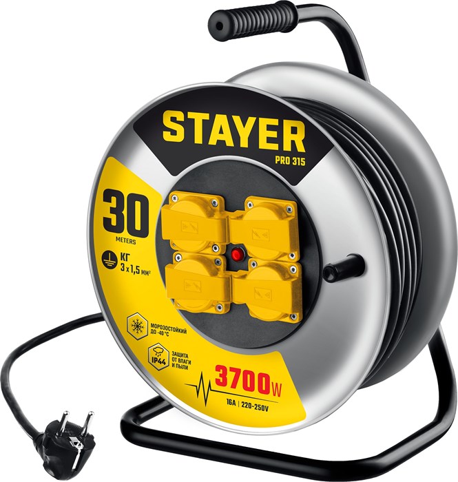 STAYER PRO-315, КГ, 3 x 1.5 мм2, 30 м, 3700 Вт, IP44, силовой удлинитель на стальной катушке (55077-30) 23216601 - фото 677654