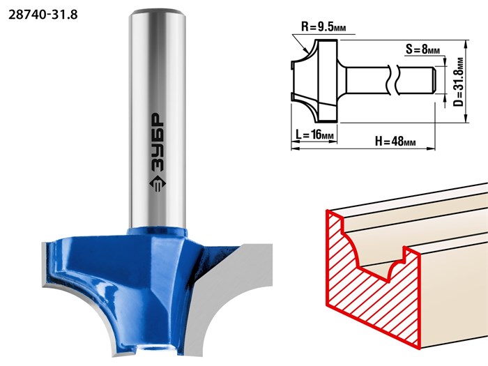 ЗУБР 31.8 x 16 мм, радиус 9.5 мм, фреза пазовая фасонная №1, Профессионал (28740-31.8) 16517 - фото 691212