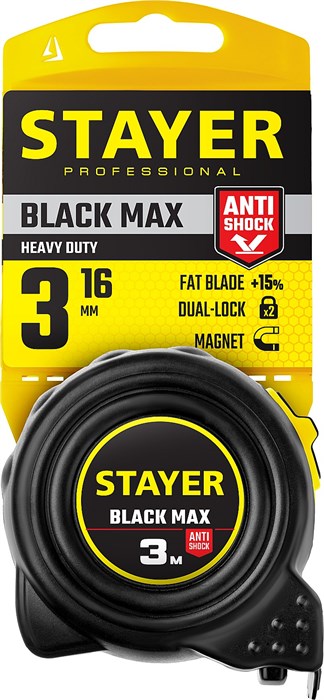 STAYER BlackMax, 3 м х 16 мм, рулетка с двумя фиксаторами, Professional (3410-03) 18818 - фото 695375