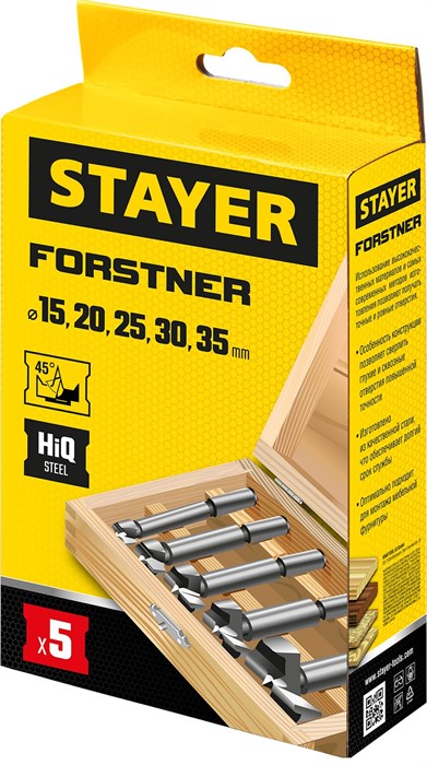 STAYER Forstner, 5 шт: 15-20-25-30-35 мм, набор сверл форстнера по дереву, ДСП (29985-H5) 247408 - фото 716011