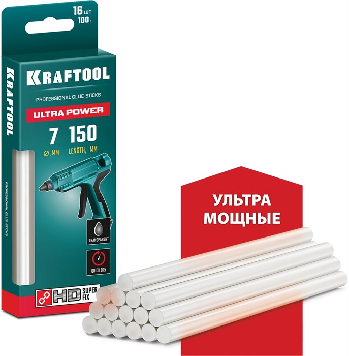 KRAFTOOL Ultra Power, 7 х 150 мм, 16 шт, прозрачные, ультрамощные клеевые стержни (06837-16) 8805031 - фото 723810