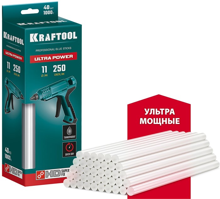 KRAFTOOL Ultra Power, 11 х 250 мм, 40 шт, ультрамощные, прозрачные, клеевые стержни (06848-40) 8805037 - фото 723822