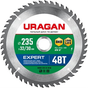 URAGAN Expert, 235 х 32/30 мм, 48Т, пильный диск по дереву (36802-235-32-48) 15908541