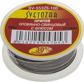 СВЕТОЗАР ПОС 30, 1 мм, 100 г, трубка с флюсом, катушка, припой (SV-55325-100) 20347