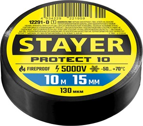 STAYER PROTECT-10, 15 мм х 10 м, 5 000 В, черная, изолента ПВХ, Professional (12292-D) 9355620