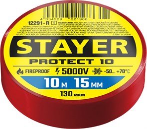 STAYER PROTECT-10, 15 мм х 10 м, 5 000 В, красная, изолента ПВХ, Professional (12292-R) 9355624