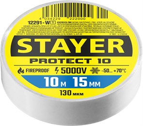 STAYER PROTECT-10, 15 мм х 10 м, 5 000 В, белая, изолента ПВХ, Professional (12292-W) 9355627