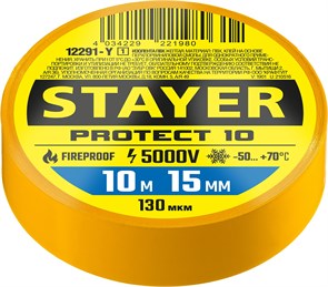 STAYER PROTECT-10, 15 мм х 10 м, 5 000 В, желтая, изолента ПВХ, Professional (12292-Y) 9355629